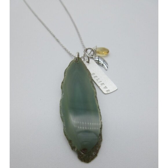 Sterling Silver sliced‎ green agate pendant charm necklace - Picture 3 of 10